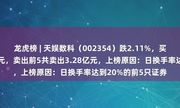龙虎榜 | 天娱数科（002354）跌2.11%，买入前5共买入5.93亿元，卖出前5共卖出3.28亿元，上榜原因：日换手率达到20%的前5只证券
