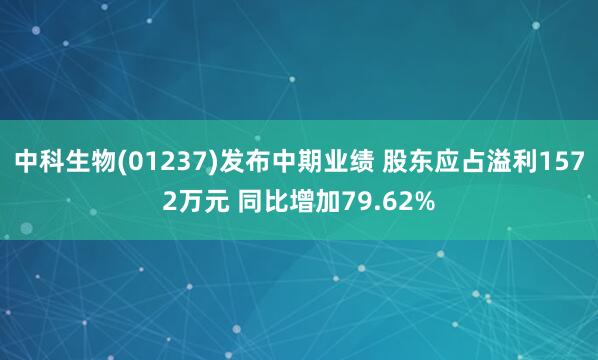 中科生物(01237)发布中期业绩 股东应占溢利1572万元 同比增加79.62%